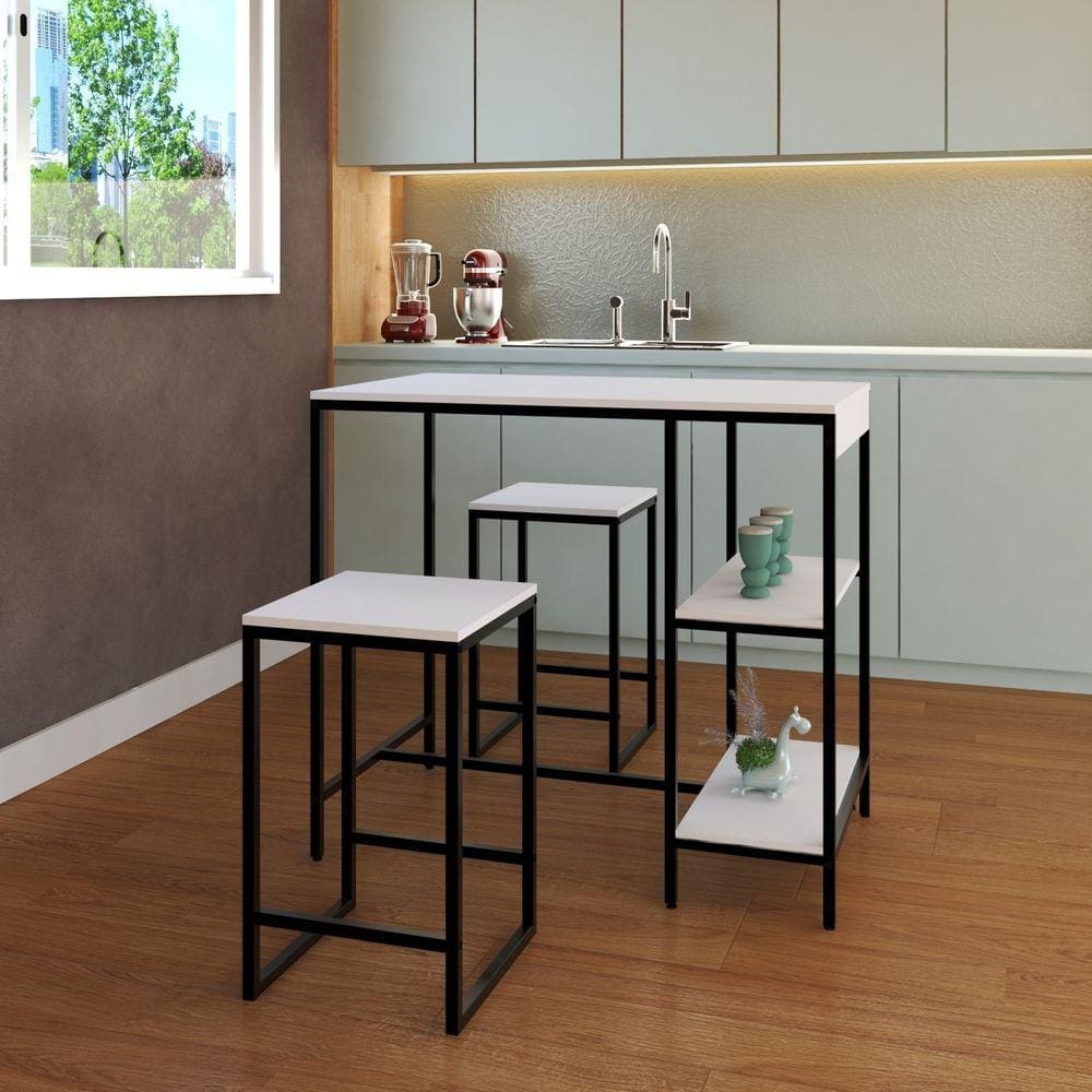 Mesa Bistrô 100cm com 2 Banquetas Active Yescasa Branco Chess/Preta