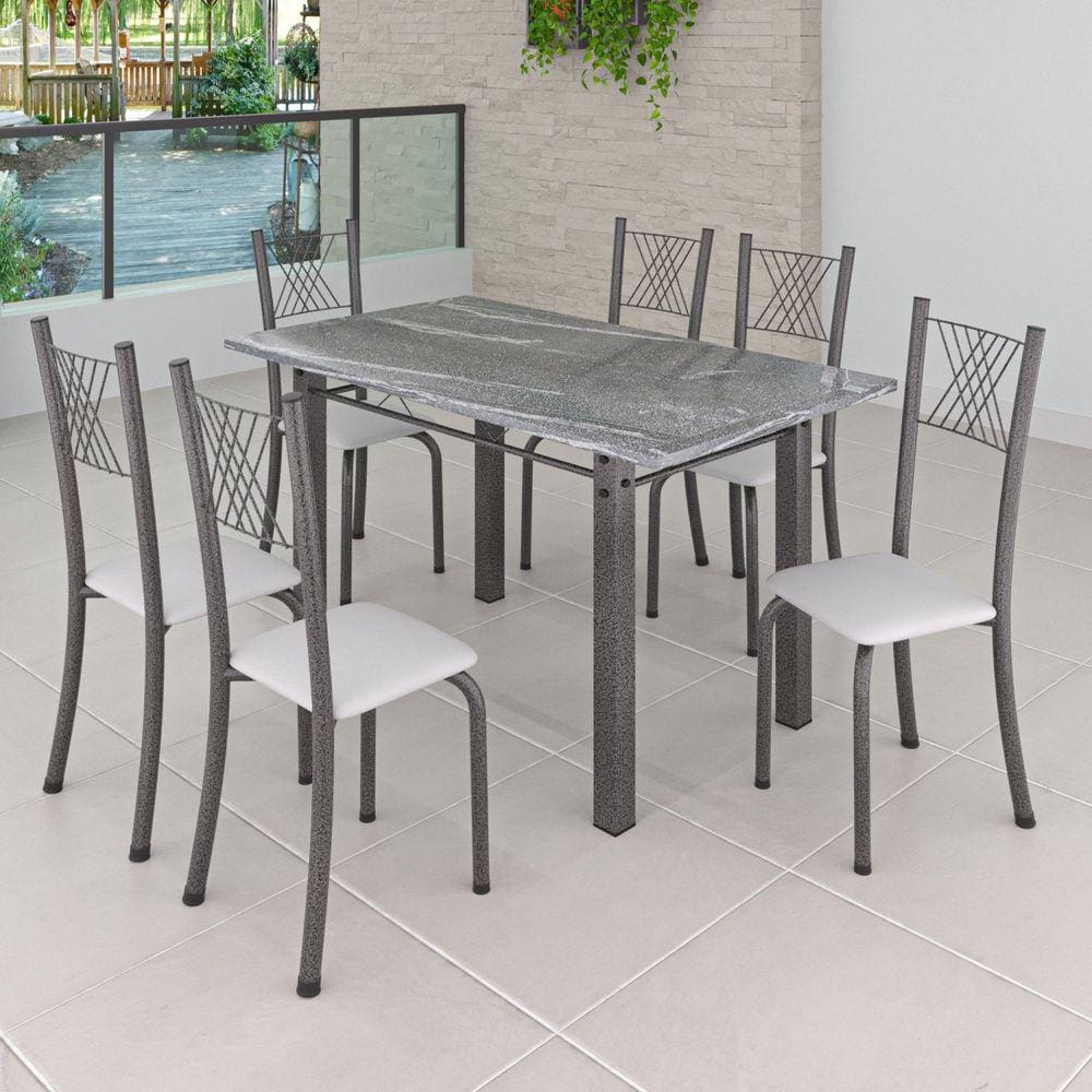 Conjunto Mesa com 6 Cadeiras Tampo de Granito TopázioSaraYescasa Branco Liso/Martelado Prata