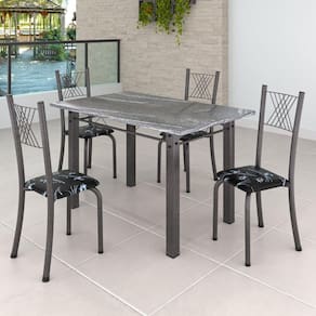 Conjunto Mesa com 4 Cadeiras Tampo de Granito TopázioSaraYescasa Preto Floral/ Mart Prata