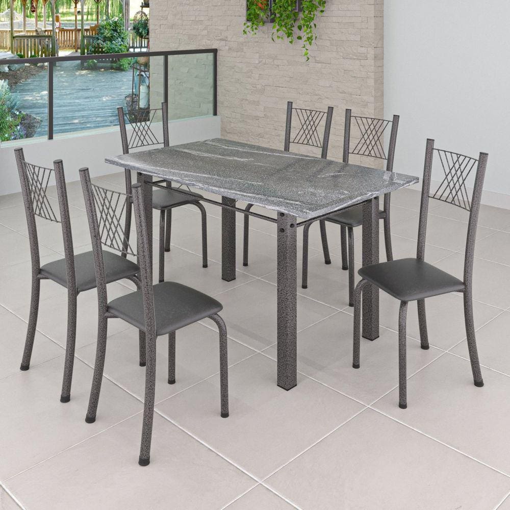Conjunto Mesa com 6 Cadeiras Tampo de Granito TopázioSaraYescasa Preto Liso/Martelado Prata