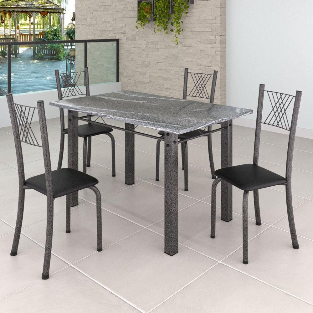 Conjunto Mesa com 4 Cadeiras Tampo de Granito TopázioSaraYescasa Preto Liso / Mart Prata
