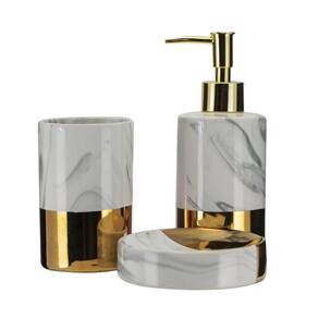Jogo Banheiro Porcelana Marble Marmorizado e Dourado 3 Pç