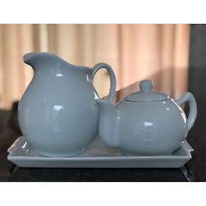 Jogo Café e Chá, Bandeja + Bule Chaleira 830ml + Jarra clássica 1,3L - Porcelana Branca