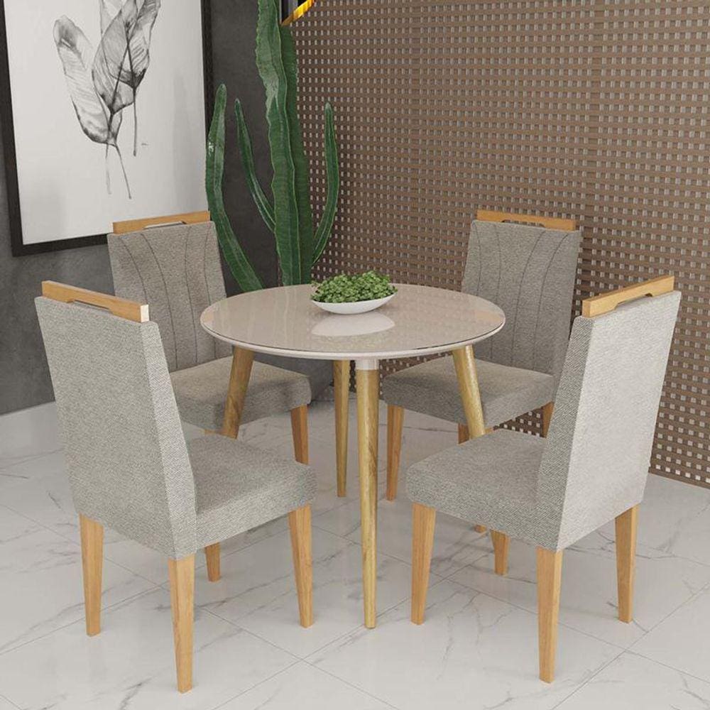 Conjunto de Mesa Redonda Veneza Com Vidro e 4 Cadeiras Onix Off White/Bege Escuro