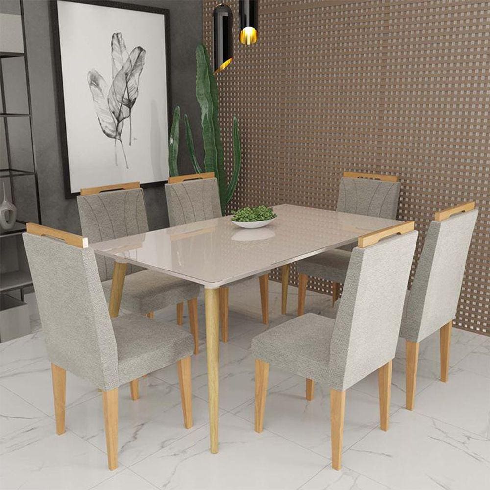 Conjunto de Mesa 160x90 Veneza Com Vidro e 6 Cadeiras Onix Off White/Bege Escuro