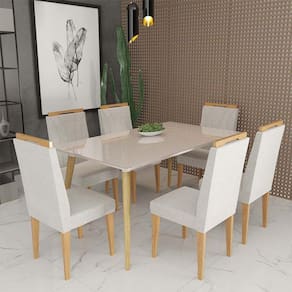 Conjunto de Mesa 160x90 Veneza Com Vidro e 6 Cadeiras Onix Off White/Bege Escuro