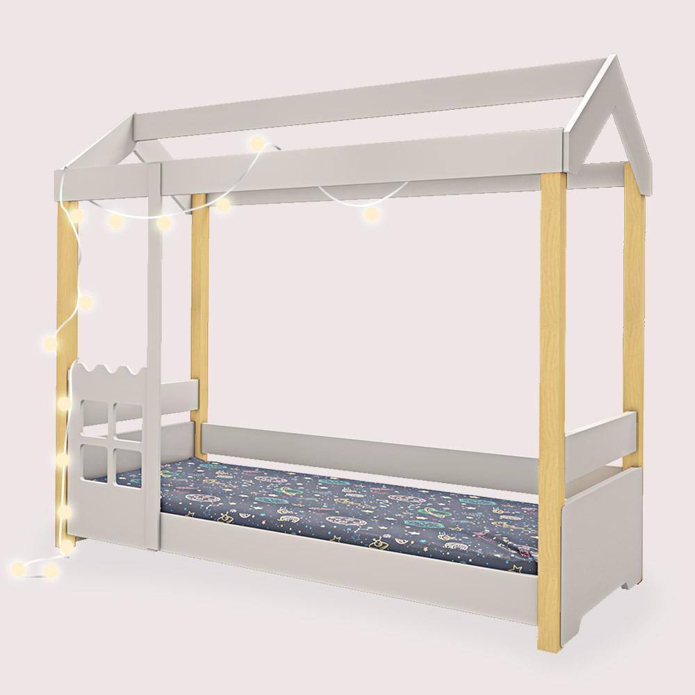 Cama de Criança Infantil Laura Casinha Montessoriana Solteiro Grade Branca - Branco e Natural - Branco