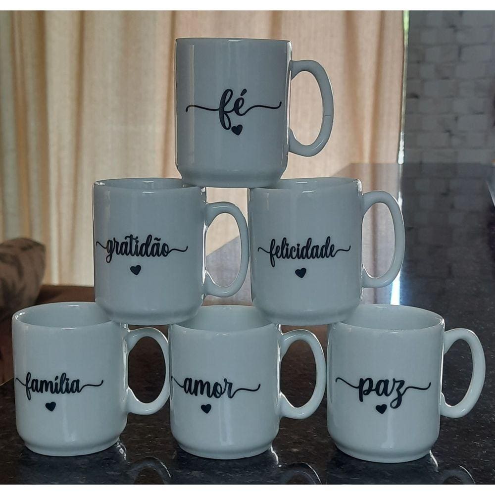 Jogo 6 canecas 120ml Frases Motivacionais - Kit Porcelana