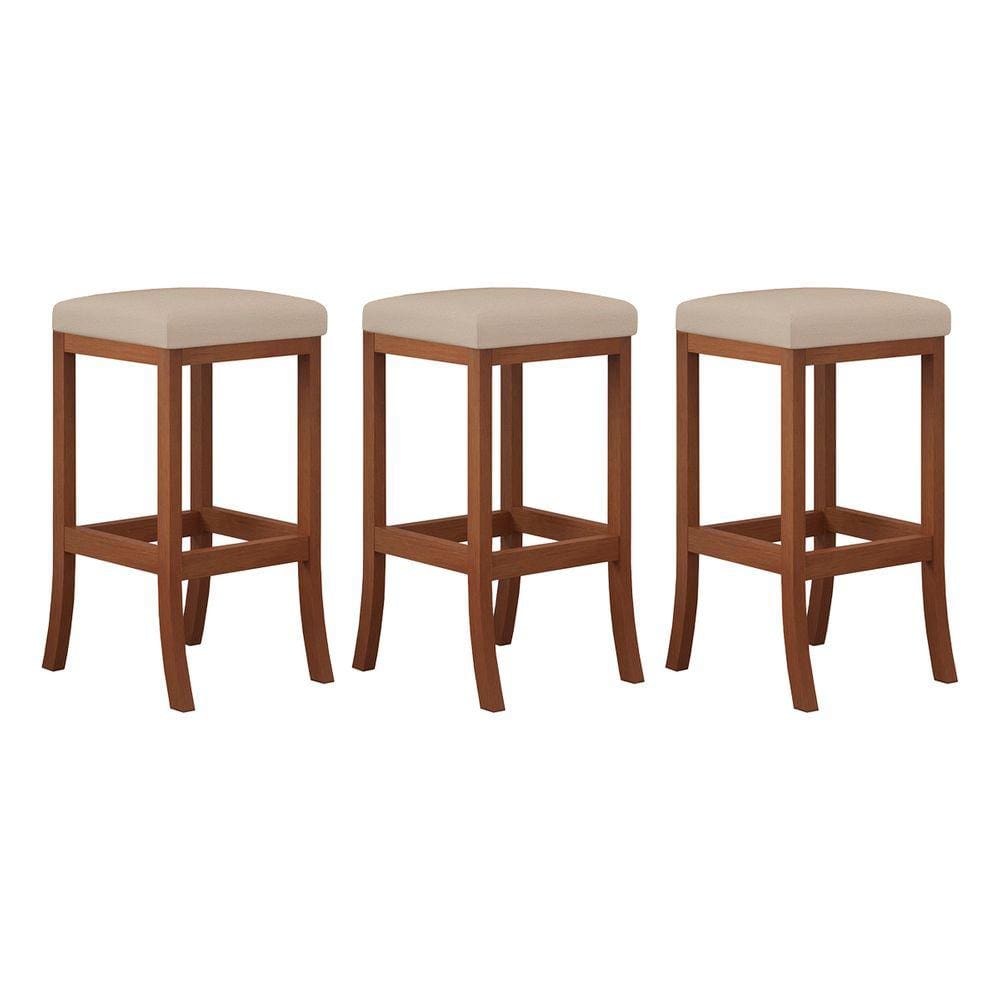 Kit 3 Banquetas Média Estofada Barcelona 38x64Cm Bancada Madeira Maciça Castanho Suede Bege - CCS