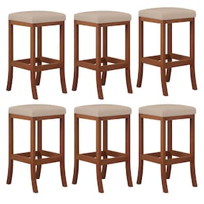 Kit 6 Banquetas Alta Estofada Barcelona 38x74Cm Bancada Bar Madeira Maciça Castanho Suede Bege - CCS