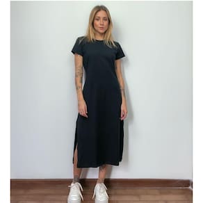 Vestido Mid Camiseta Com Fenda Aveloz Preto