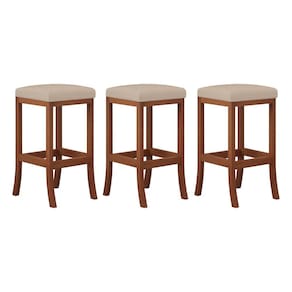 Kit 3 Banquetas Alta Estofada Barcelona 38x74Cm Bancada Bar Madeira Maciça Castanho Suede Bege - CCS