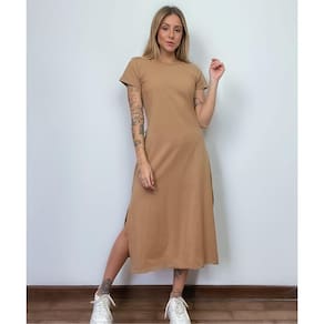 Vestido Mid Camiseta Com Fenda Aveloz Caramelo