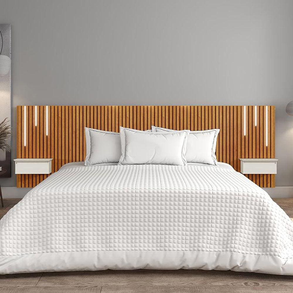 Cabeceira King Paris Ripado Quarto 2 Mesas com Gaveta e Led