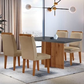 Sala de Jantar Mesa Olímpia 120CM MDF Vidro Canto Reto com 4 Cadeiras Athenas Moderna