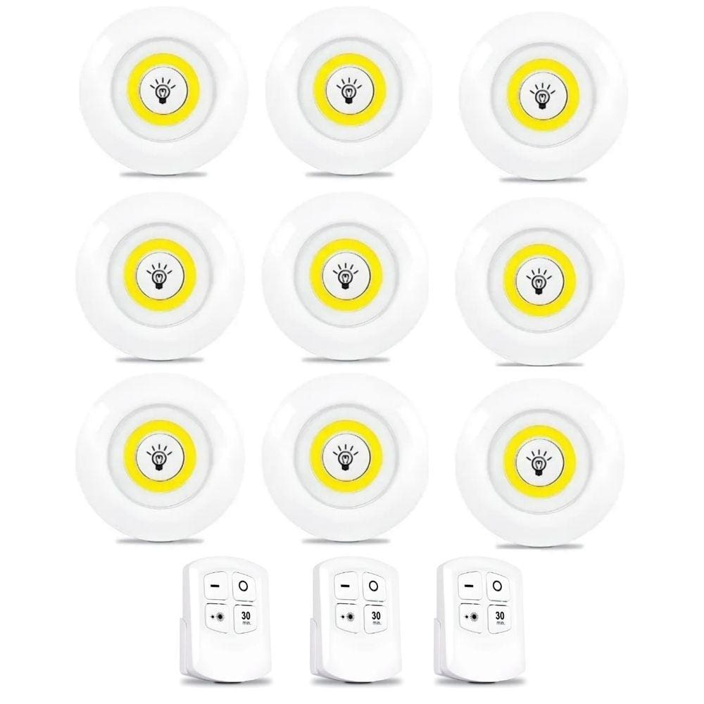 Kit 9 Lâmpada Spot Luminária Luz Led Sem Fio Com 3 Controles