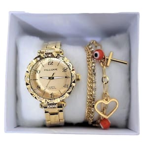 Kit Relógio Feminino Dourado com pulseira