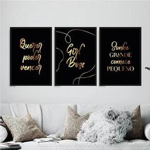 Kit 3 Quadros Poder Querer Vencer 24X18Cm - Com Vidro Preta
