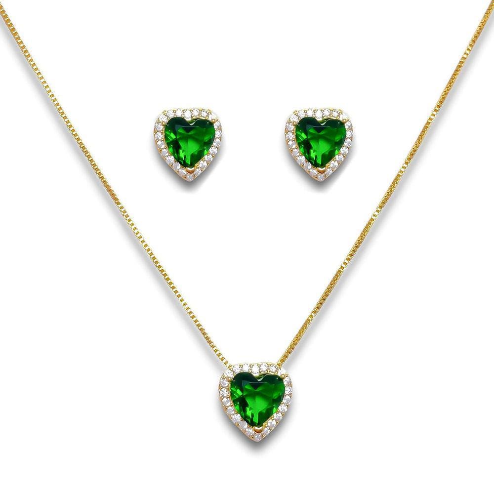 Conjunto Brinco e Colar Coração Verde Esmeralda e Zircônia Banhado Ouro 18k