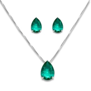 Conjunto Brinco e Colar Gota Verde Turmalina Banhado a Prata