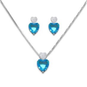 Conjunto Brinco e Colar Coração Duplo Azul Turquesa e Zircônia Banhado a Prata