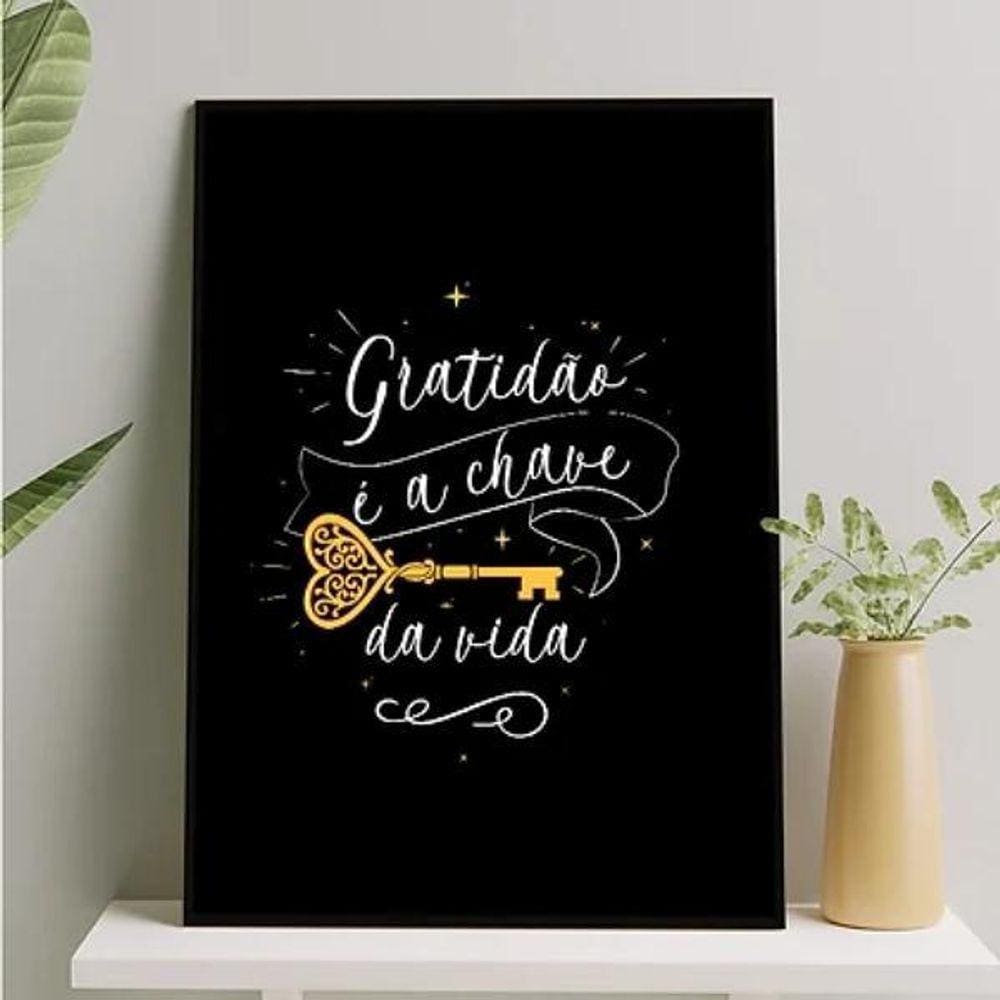 Quadro Gratidão É A Chave Da Vida 45X34Cm Madeira Preta