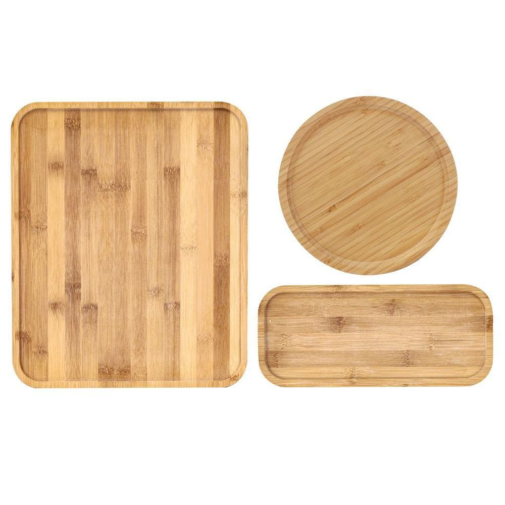 Conjunto Bandejas Bambu Eco Prime Retangular e Redonda 3 Pç