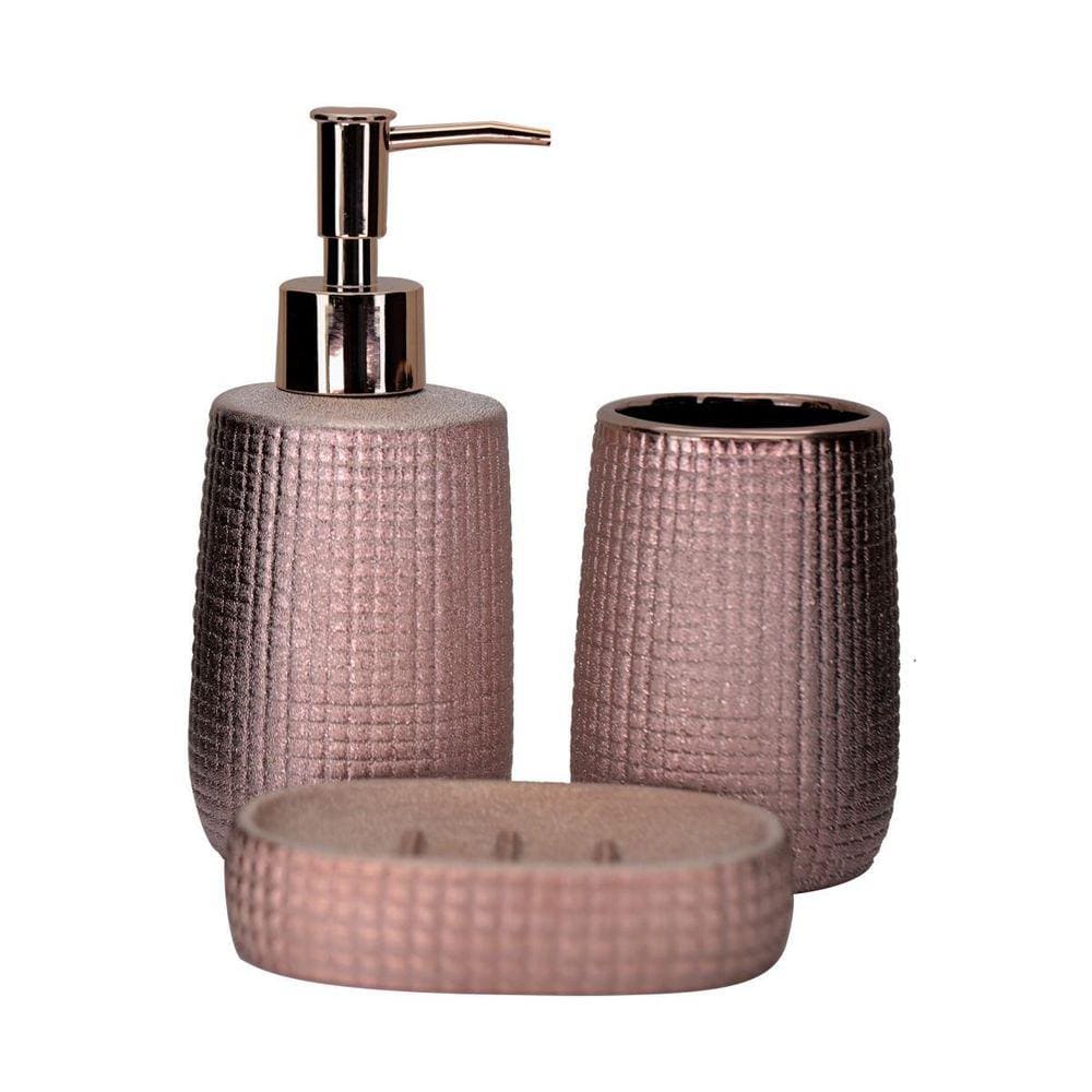 Jogo para Banheiro Porcelana Rosê Brilho Design 3 Peças