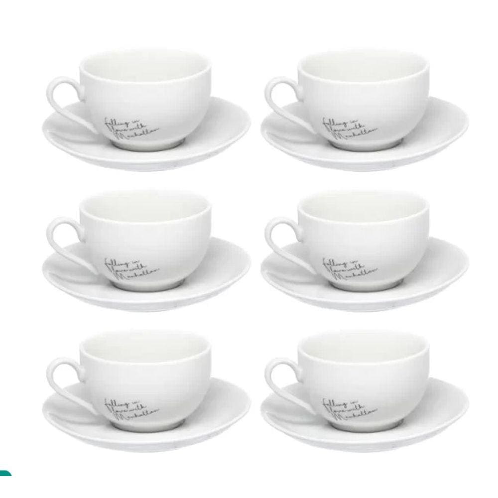 Jogo 12 Peças Xícara e Pires Café Porcelana Branca Manhattan - Hauskraft