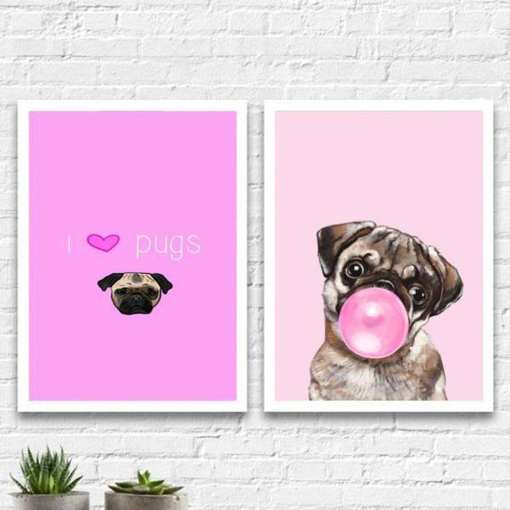 Kit 2 Quadros I Love Pugs 33X24Cm Com Vidro - Madeira Branca