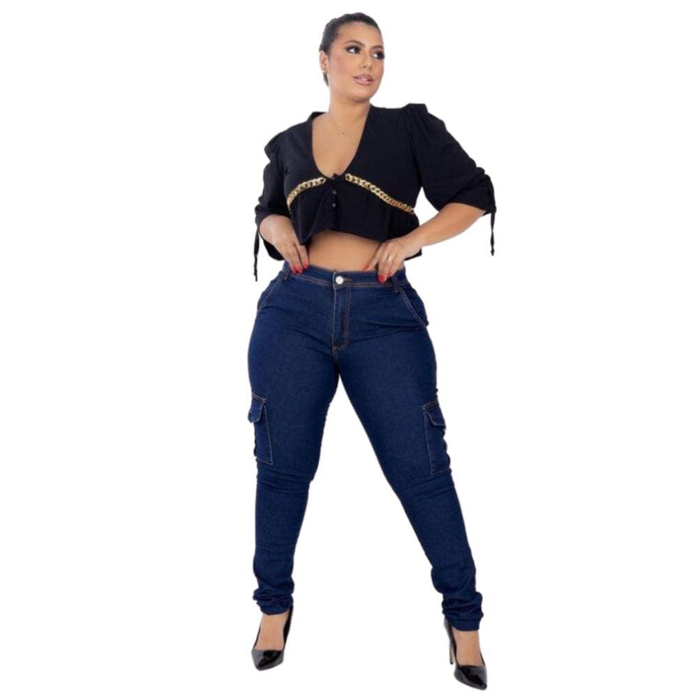 Calça Jeans Escura Cargo Plus Size Cintura Alta Com Bolsos