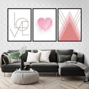 Kit 3 Quadros Decorativos Love Coração Rosa 34x23cm