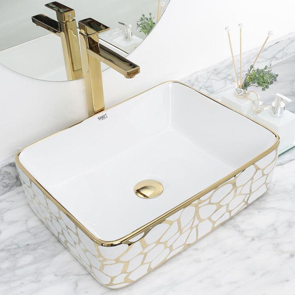 Kit Cuba Pia Louça Cerâmica Banheiro C/ Torn e Vál Dourada 9