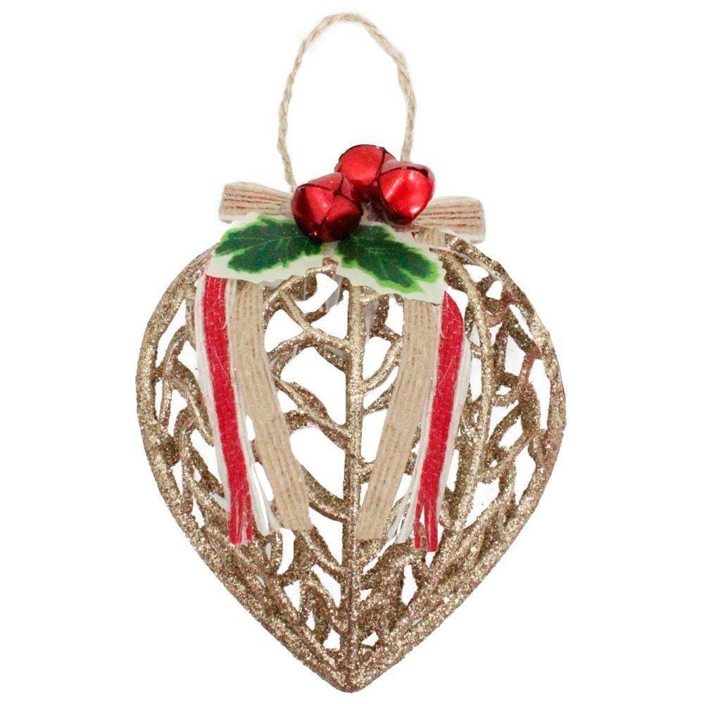 Conjunto 12 Peças Decoração Enfeite Bola Coração árvore Natal Dourada Glitter Natalina 11,5cm