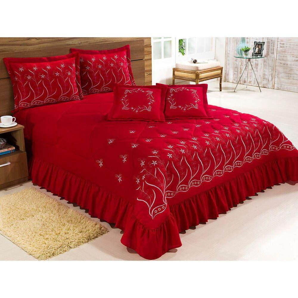Kit Cobre Leito Queen Desejos 7 Pç Bordado Colcha - Vermelho