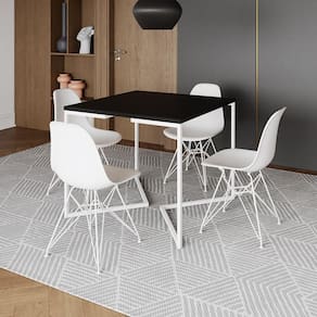 Mesa Industrial Quadrada Jantar Preta 90Cm Base V Com 4 Cadeiras Brancas Ferro Branco Cor: Preto