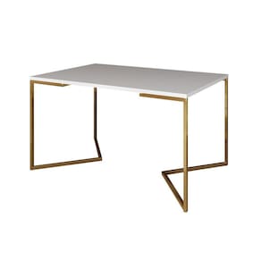 Mesa De Jantar Industrial Retangular Branca 137X90Cm Base V Dourada Cor: Branco