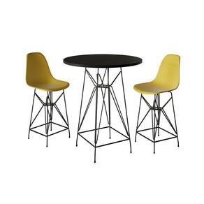 Jogo Mesa Bistrô Eames Preta 60Cm 2 Banquetas Amarela Base Ferro Preto - Cor: Preto