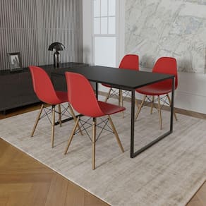 Mesa Industrial Base De Ferro Preto Tampo 137X90 Preto 4 Cadeiras Madeira Assento Vermelho Preto