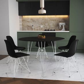 Mesa Jantar Redonda 110Cm Preta Clips 3 Pés Com 5 Cadeiras Pretas Ferro Branco - Cor: Preto