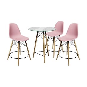 Conjunto Mesa Bistrô Eames Eiffel Vidro Com 3 Banquetas Rosas De Madeira - Cor: Rosa