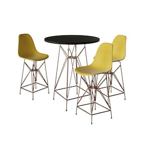 Jogo Mesa Bistrô Eames Preta 60Cm 3 Banquetas Amarela Base Ferro Cobre - Cor: Preto