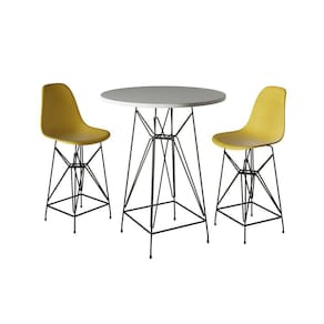 Jogo Mesa Bistrô Eames Branca 60Cm 2 Banquetas Amarela Base Ferro Preto - Cor: Branco