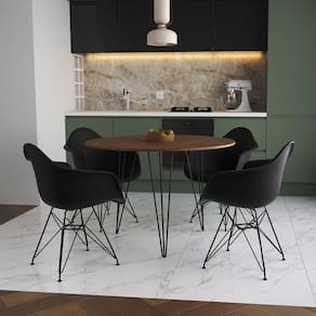 Mesa Jantar Redonda 110Cm Amêndoa Clips 3 Pés Com 4 Poltronas Pretas Ferro Preto - Cor: Amendoa