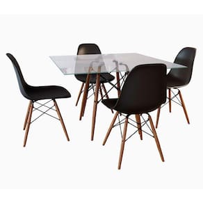Conjunto De Mesa De Jantar Quadrada 90Cm Tampo De Vidro Com 4 Cadeiras Pretas