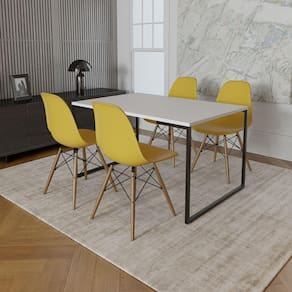 Mesa Industrial Base De Ferro Preto Tampo 137X90 Branco 4 Cadeiras Madeira Assento Amarelo Branco