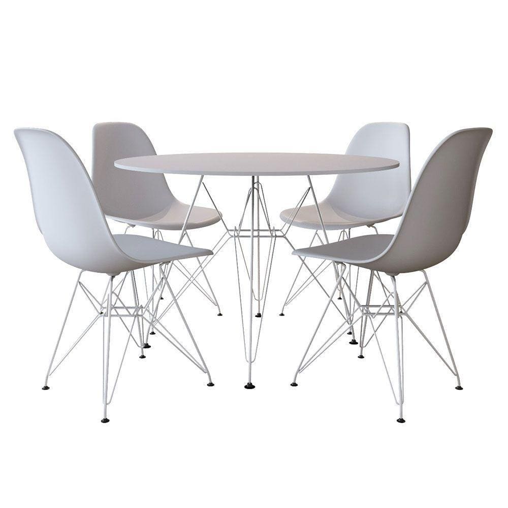 Sala De Jantar Mesa Redonda Vidro 90Cm Base Ferro Branco Com 4 Cadeiras Brancas Cor: Branco