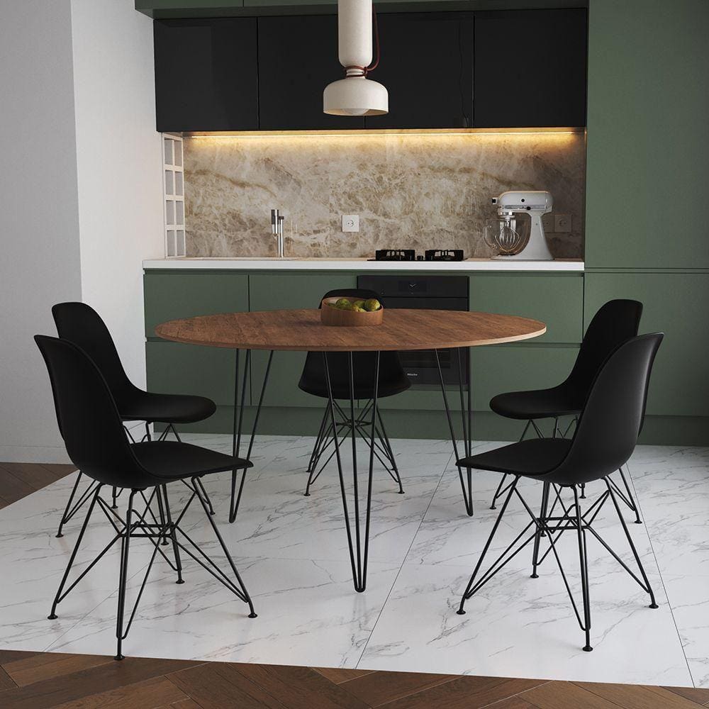 Mesa Jantar Redonda 110Cm Amêndoa Clips 3 Pés Com 5 Cadeiras Pretas Ferro Preto - Cor: Amendoa