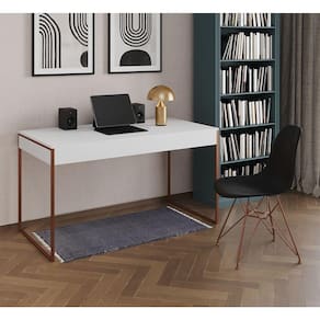 Escrivaninha Industrial Escritório Branca 137X53Cm Malta Com 1 Cadeira Preta Base Cobre Cor: Branco
