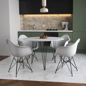 Mesa Jantar Redonda 90Cm Branca Clips 3 Pés Com 4 Poltronas Brancas Ferro Preto - Cor: Branco
